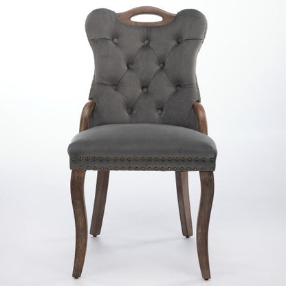 Set of 2 Gray Hand Tufted Velvet Dining Chairs, Solid Wood Handles Vintage Copper Nail Curved Wood Legs