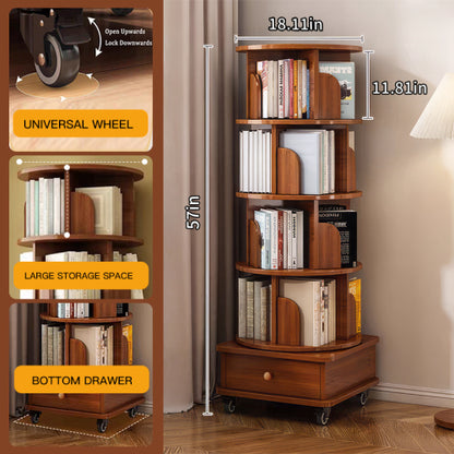 5-Tier Rotating Bookshelf with Drawer, 360¡ã Corner Bookcase, Walnut