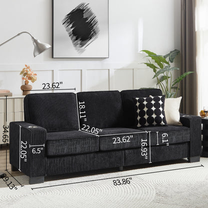 83.86 inch  Black Corduroy 3-Seater Compressed Living Room Sofa