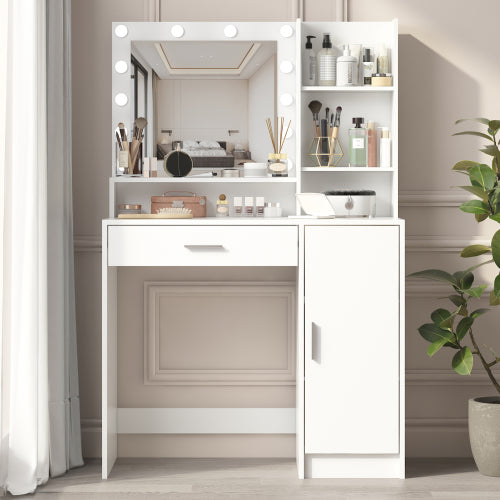 White Vanity Desk with Mirror & Light, 12 LED Bulbs, Large Drawer, 3 Shelves & 3-Level Cabinets, 3 Lighting Modes