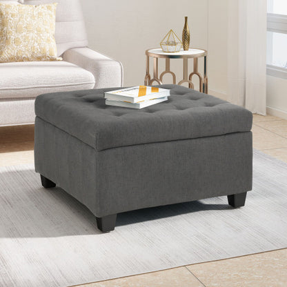 Dark Gray Fabric Tufted Storage Ottoman with Birch Wood Legs
