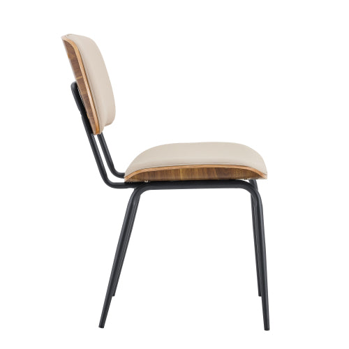 Mid-Century Faux Leather Dining Chairs Set of 2, Walnut Veneer Backrest & Metal Legs, White