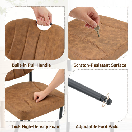 Set of 2 Light Brown Tech Fabric Dining Chairs, Spray Coated Metal Leg With Top Handle Adjustable Non-Slip Feet