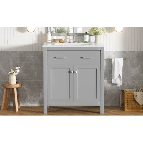 30" Bathroom Vanity with Ceramic Sink, Modern Gray Single Bathroom Cabinet with 2 Doors and a Shelf, Soft Close Doors