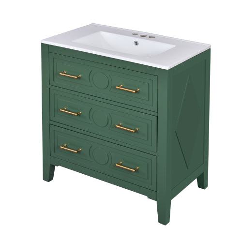 30'' Bathroom Vanity with Ceramic Sink Combo, Free Standing Single Vanity Set with 3 Drawers, Solid Wood Frame Bathroom Storage Cabinet, Green