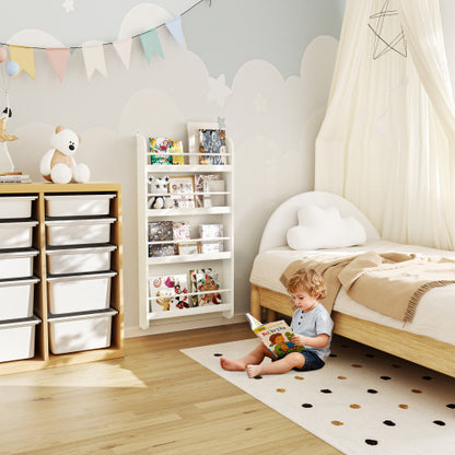 4-Tier Wall-Mounted Kids Bookshelf Anti-Tip Design High Safety Space-Saving Nursery Toy Book Organizer