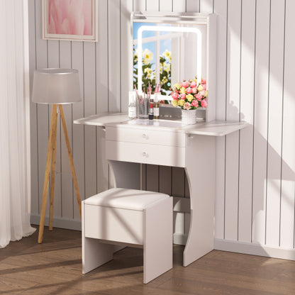 Vanity Set for Small Bedrooms - Small Space Makeup Vanity with Stool, Compartmentalized Drawers & 20cm Foldable Side Tables (Left and Right)