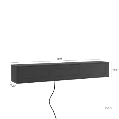 Black Floating Wall Mount High Gloss TV Stand with 16 Color LED Lights & Integrated Power Outlet