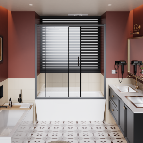 60.in W x 62.in H Single Sliding Shower Door for Bathtub, 1/5 inch Thick Clear Tempered Glass Shower Door with Stainless Steel Handle, Black