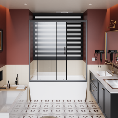 60.in W x 62.in H Single Sliding Shower Door for Bathtub, 1/5 inch Thick Clear Tempered Glass Shower Door with Stainless Steel Handle, Black