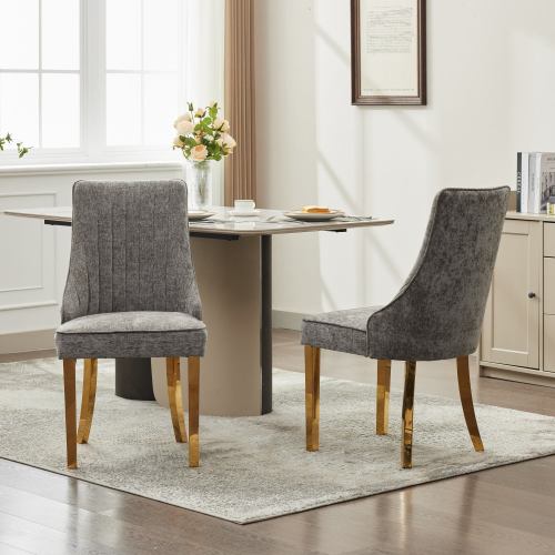 Set of 2 Gray Rayon Flocking Chenille Dining Chairs, High Back, Triple Elastic Cushion, Golden Plated Stainless Steel Legs