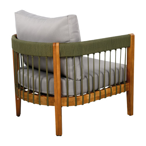 Acacia Wood Outdoor Club Chair with Handwoven Rope Accents & Curved Backrest - Water-Resistant Boho Patio Lounge Chair with Removable Cushions for Porch, Garden