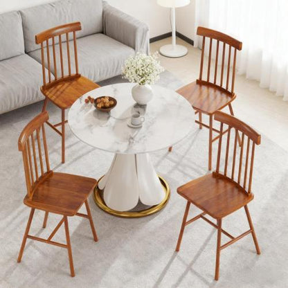 Set of 4 Light Brown Rubberwood Dining Chairs, Farmhouse Spindle Back Kitchen Chairs
