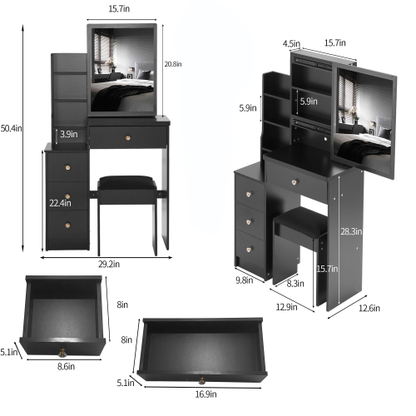 White 29.2 inch  Small Space Left Bedside Cabinet Vanity Table + Cushioned Stool, Extra Large Right Sliding Mirror