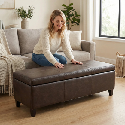 Distressed Brown Vegan Leather Storage Ottoman Bench, 50.25 Inch Assembled Entryway Bench with Safety Hinge