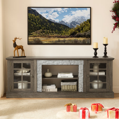 70 Inch Grey Faux Stone TV Stand 2-Door Media Console 6 Cable Holes Adjustable Shelves for TVs Up To 75 Inch