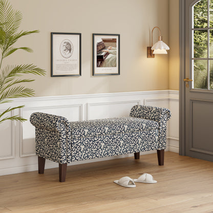 Traditional Rolled Arm Storage Bench Ottoman with Pewter Nailhead Trim in Black Curly Vine Pattern with Dark Brown Solid Wood Legs