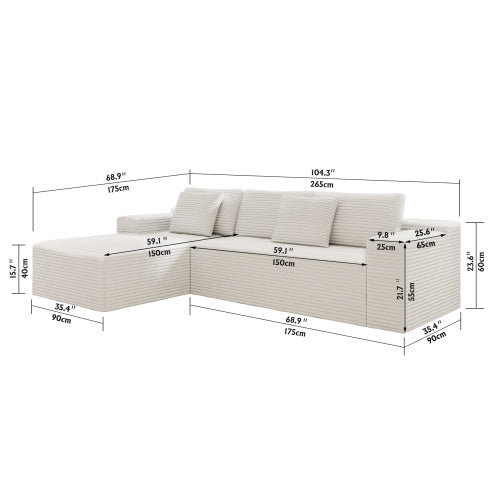 104.3*68.9 inch  White 2-PC Modular Compressed Corduroy Sectional Sofa, No Assembly