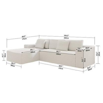 104.3*68.9 inch  White 2-PC Modular Compressed Corduroy Sectional Sofa, No Assembly