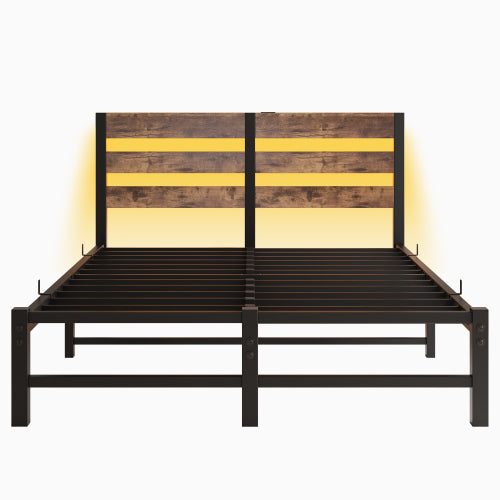 Full Size  Metal Bed Frame with Wooden Headboard, RGB Lights,  Charger, Storage Shelf, Noise-Free, No Box Spring Needed,Rustic Brown