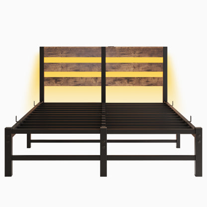 Full Size  Metal Bed Frame with Wooden Headboard, RGB Lights,  Charger, Storage Shelf, Noise-Free, No Box Spring Needed,Rustic Brown