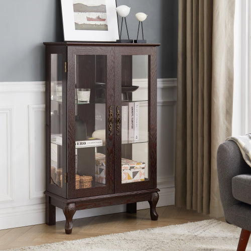 Cherry Lighted Tempered Glass Curio Cabinet Mirrored Back Panel Adjustable Shelf Vintage Metal Handle Home Display Cabinet