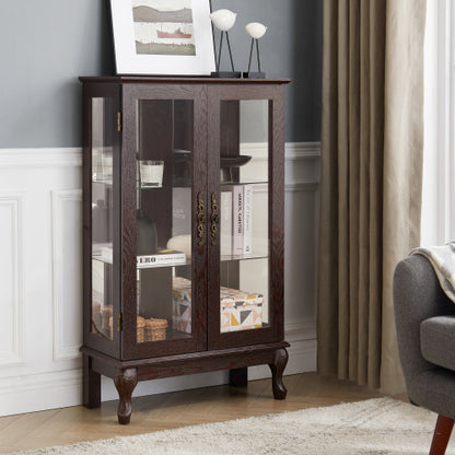 Cherry Lighted Tempered Glass Curio Cabinet Mirrored Back Panel Adjustable Shelf Vintage Metal Handle Home Display Cabinet