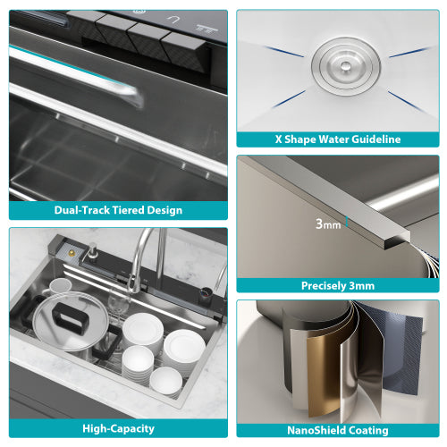 30" Kitchen Sink Waterfall Sink - 30 x 19 x 9 inch Multifunction Single Bowl 16 Gauge Stainless Steel Ledge Workstation Smart Top Mount Kitchen Sinks