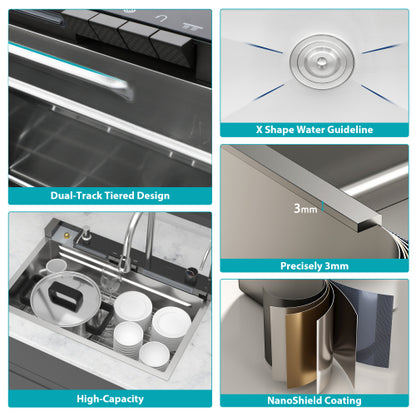 30" Kitchen Sink Waterfall Sink - 30 x 19 x 9 inch Multifunction Single Bowl 16 Gauge Stainless Steel Ledge Workstation Smart Top Mount Kitchen Sinks