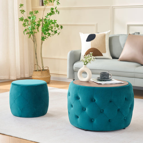 Blue 2-Piece Velvet Nesting Storage Ottoman Set, 4-in-1 Round Foot Stool with Wooden Tray, Ready to Use