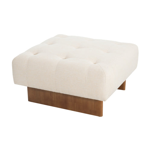 Beige Tufted Square Linen Ottoman, Breathable Fabric Foot Stool with Durable Rubber Wood Legs for Bedroom & Living Room