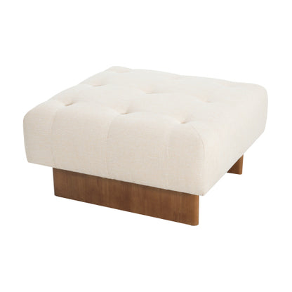 Beige Tufted Square Linen Ottoman, Breathable Fabric Foot Stool with Durable Rubber Wood Legs for Bedroom & Living Room
