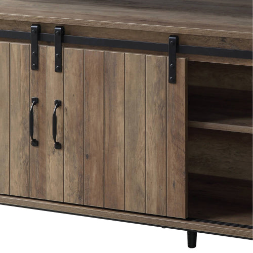 Rustic Oak & Black 60 Inch TV Stand with Sliding Barn Door for 58 Inch TV