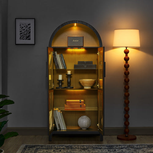 Black High Arched LED Light Storage Cabinet MDF Poplar Wood Adjustable Glass Partition Multi-Functional Home Display Cabinet