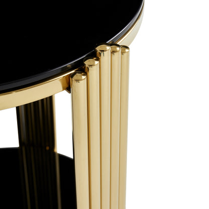 16.9inch  Double-Layer Black Tempered Glass & Gold Steel End Table