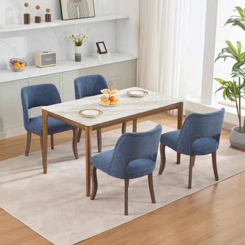 Wooden Dining Chairs Set of 2, Fabric Upholstered Dining Room Chairs with Hollow-Out Back Design, Blue