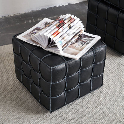 17.32 inch Genuine Leather Tufted Ottoman Footstool, Black