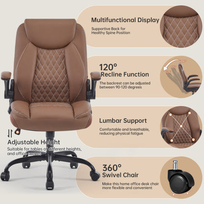 Leather Office Ergonomic Home Office Desk Chair, Back Support Swivel Executive Office Chair with Wheels and Flip-Up Armrests, Small Gaming Chair with Adjustable Rocking Function, Brown