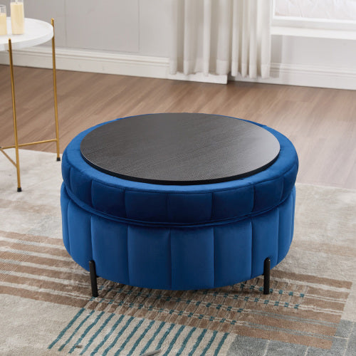 31.5 inch Navy Velvet Round Pumpkin Storage Ottoman, Reversible Lid Adjustable Metal Leg Footstool, 275 LBS