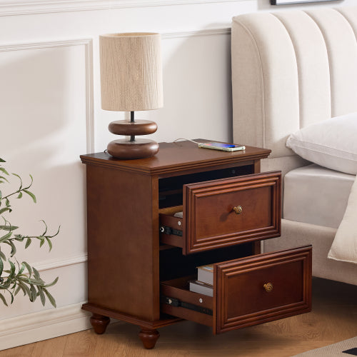 Walnut Mid-Century Nightstand, 2-Drawer Bedside Table with Charging Station & Gourd-Shaped Legs