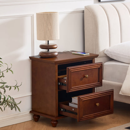 Walnut Mid-Century Nightstand, 2-Drawer Bedside Table with Charging Station & Gourd-Shaped Legs