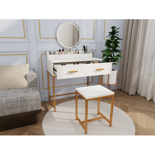Vanity Set with Mirror and Stool - Makeup Vanity Table with Storage Drawers and Organizer, White and Gold, Space-Saving Design for Small Bedrooms
