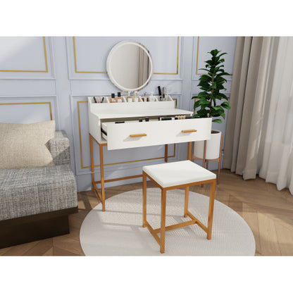 Vanity Set with Mirror and Stool - Makeup Vanity Table with Storage Drawers and Organizer, White and Gold, Space-Saving Design for Small Bedrooms