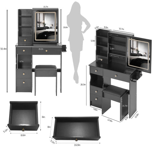 29.2" Small Size Drawer Desktop Vanity Table + Cushioned Stool, 2 AC+2 USB Power Station, Hair dryer bracket, Extra Large Touch Control Sliding LED Mirror, 3-color Switching, EPA, GCC, UL Certificate