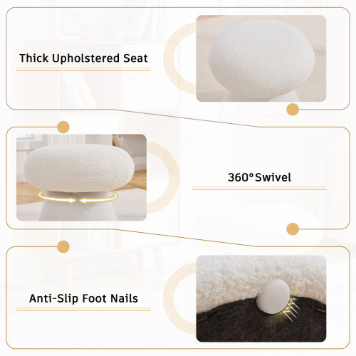 White Mushroom Shaped Rotating Ottoman, 360¡ã Swivel Upholstered Foot Stool, 250 LBS Capacity for Entryway & Bedroom