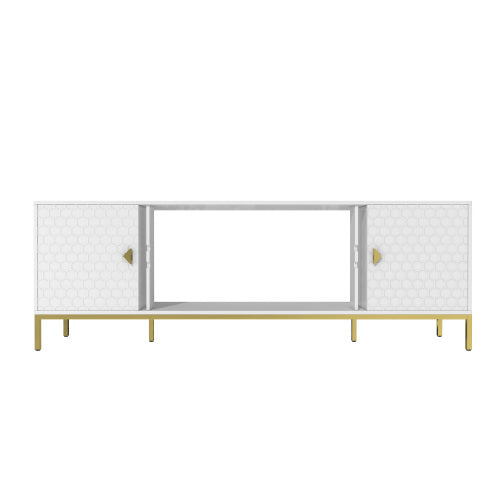 70 Inch White Honeycomb Embossed TV Stand with Golden Tapered Legs (Fireplace Space Reserved)
