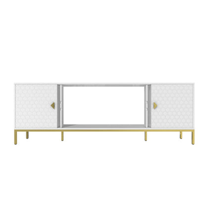 70 Inch White Honeycomb Embossed TV Stand with Golden Tapered Legs (Fireplace Space Reserved)