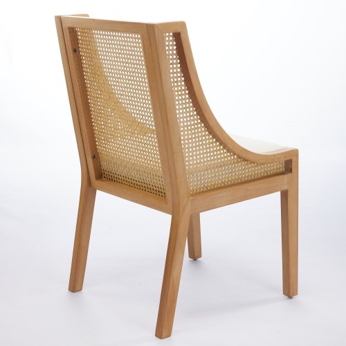 Single Beige Rattan Dining Chair, Solid Wood Frame with Decorative Armrest, Linen Upholstered Seat, Rustic Side Chair for Kitchen & Living Room