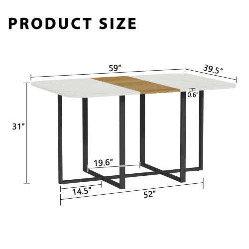 Modern Dining Table for 4-6 with Faux Marble Top and Walnut Accent