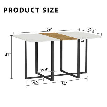 Modern Dining Table for 4-6 with Faux Marble Top and Walnut Accent